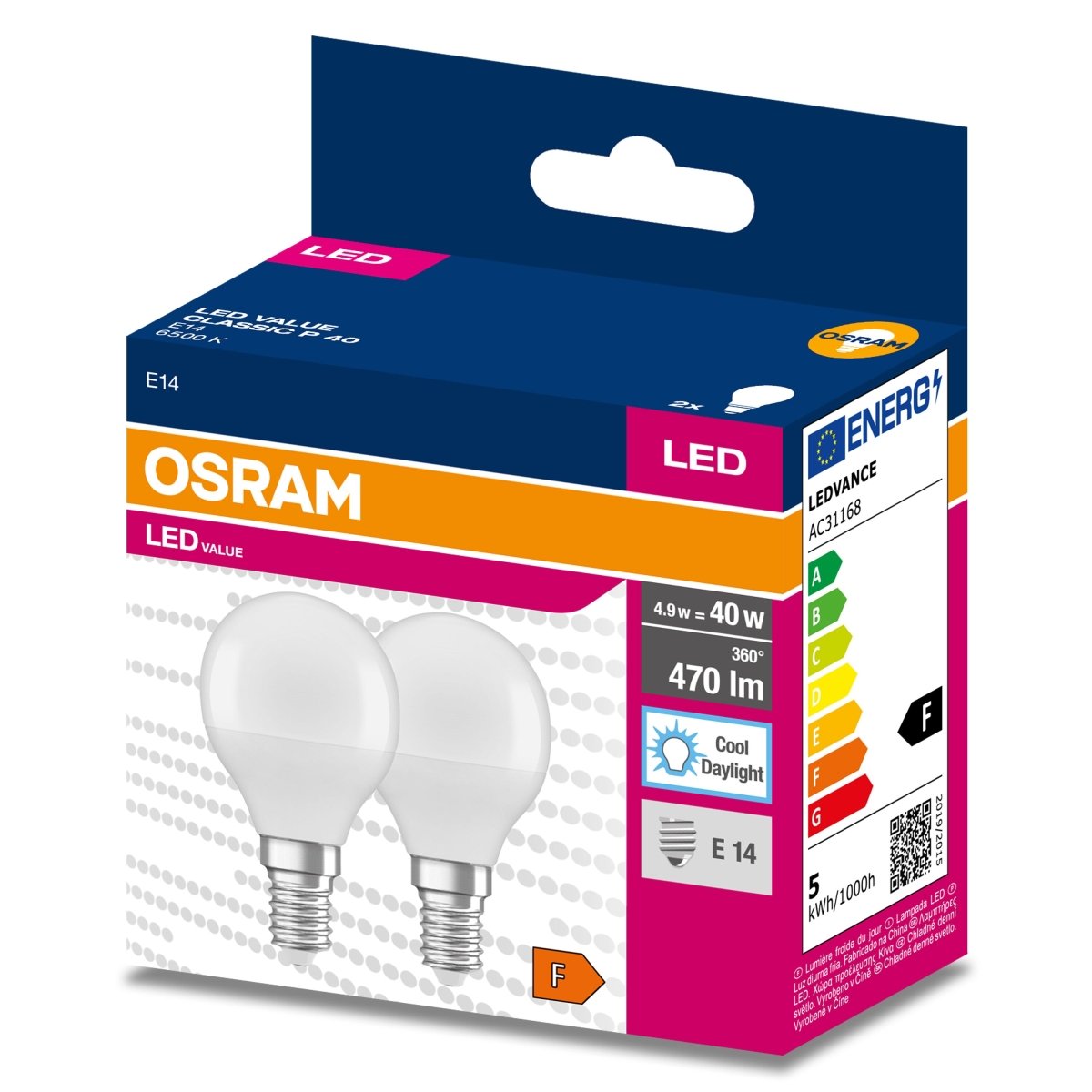 2x Żarówka LED P45 Kulka E14 4.9W = 40W 470lm 6500K Zimna 200° VALUE CLASSIC - Poland LEDVANCE e - shop 4058075479258