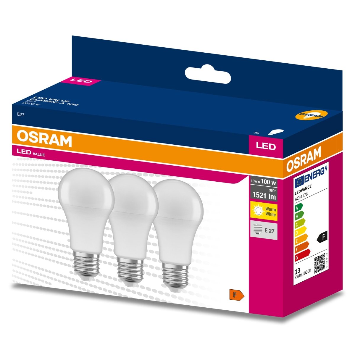 3x Żarówka LED A60 E27 13W = 100W 1521lm 3000K Ciepła 200° VALUE CLASSIC - Poland LEDVANCE e - shop 4058075630185