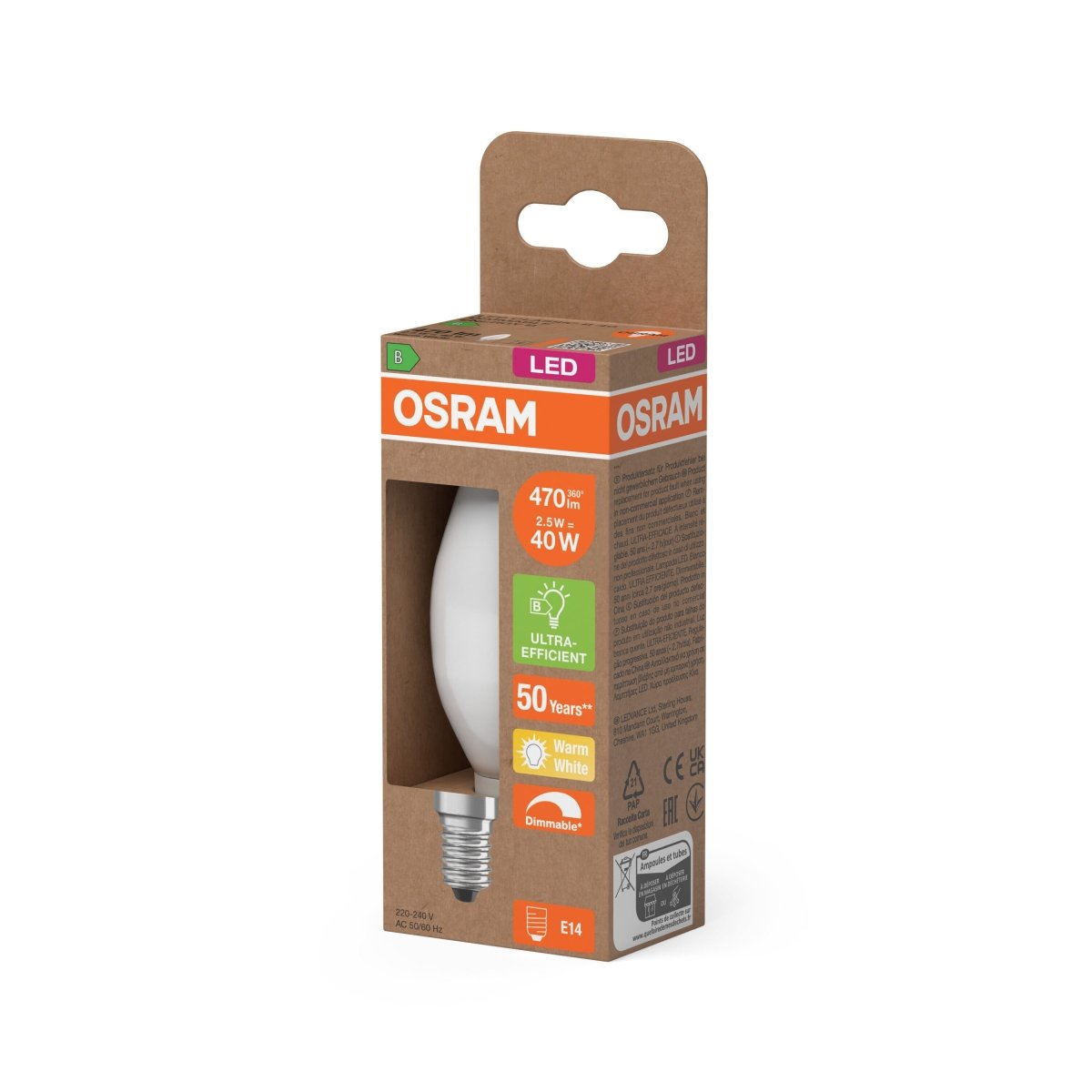 Lampa LED OSRAM LED Classic B 40 Filament DIM Energy efficiency class B 2.5W 827 Frosted E14 - Poland LEDVANCE e - shop 4099854477560
