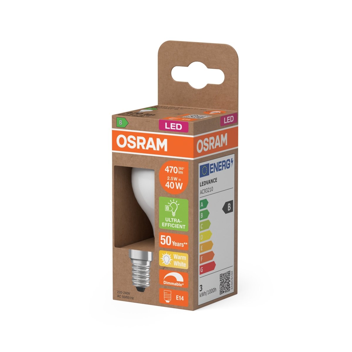 Lampa LED OSRAM LED Classic P 40 DIM Energy efficiency class B 2.5W 827 Frosted E14 - Poland LEDVANCE e - shop 4099854476747