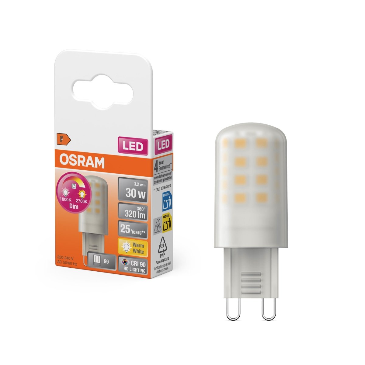 Lampa LED OSRAM LED PIN 30 Glow DIM 3.2W 927 Frosted G9 - Poland LEDVANCE e - shop 4099854503566