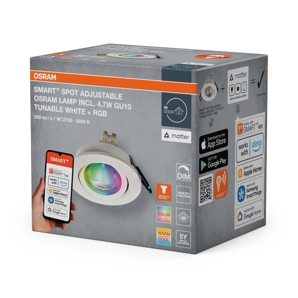 Lampa punktowa LED OSRAM SMART+ MATTER LED Spot Recess GU10 Adjustable 4.7W RGBW biały - Poland LEDVANCE e - shop 4058075853737