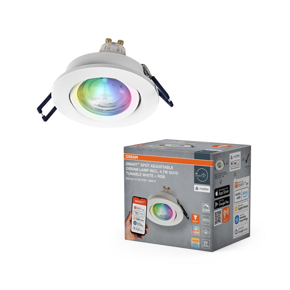 Lampa punktowa LED OSRAM SMART+ MATTER LED Spot Recess GU10 Adjustable 4.7W RGBW biały - Poland LEDVANCE e - shop 4058075853737