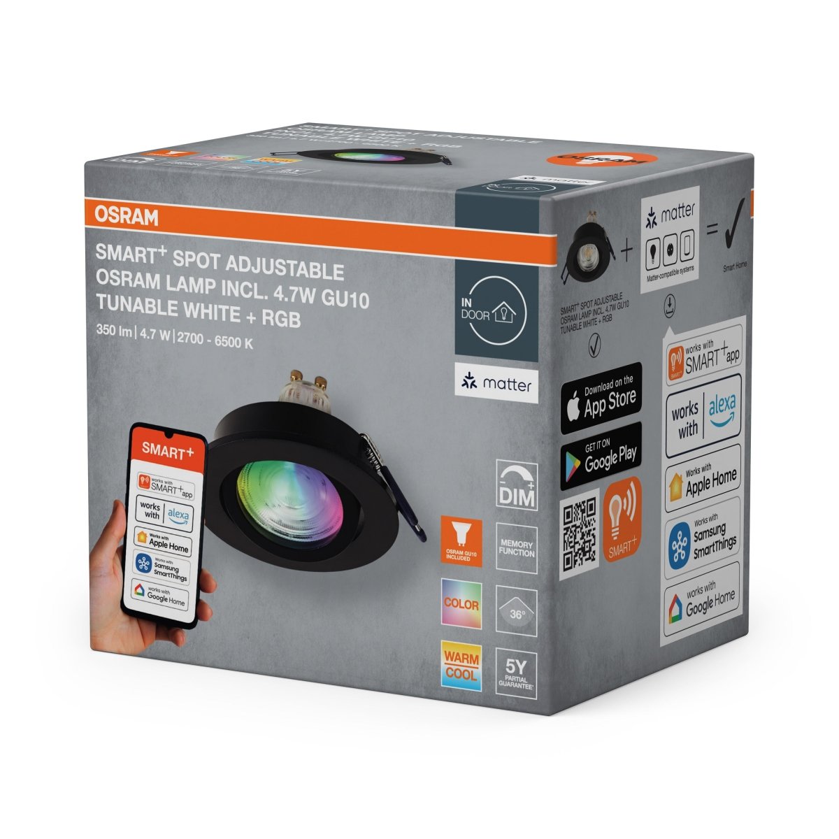 Lampa punktowa LED OSRAM SMART+ MATTER LED Spot Recess GU10 Adjustable 4.7W RGBW czarny - Poland LEDVANCE e - shop 4058075853751