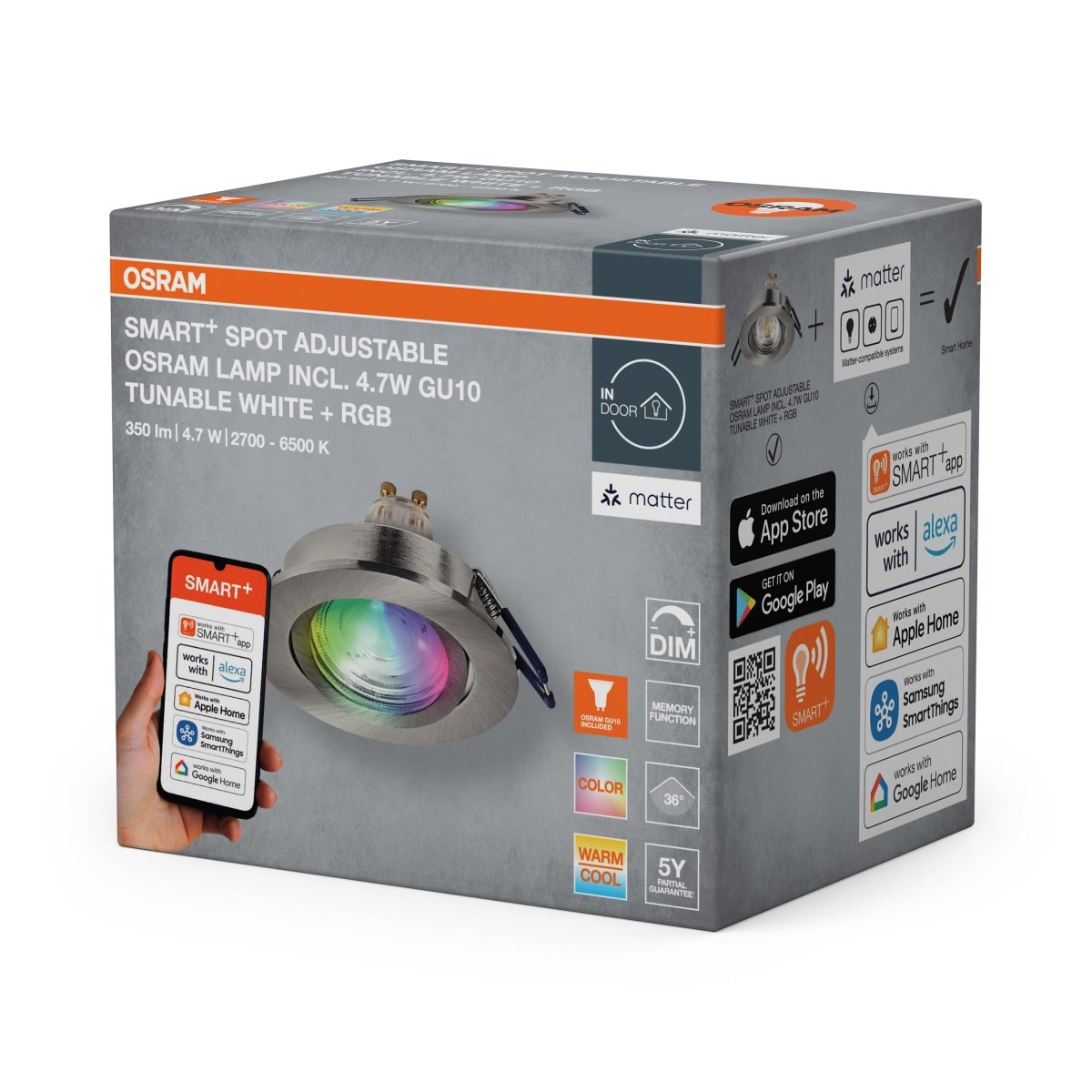 Lampa punktowa LED OSRAM SMART+ MATTER LED Spot Recess GU10 Adjustable 4.7W RGBW Satin Nickel - Poland LEDVANCE e - shop 4058075853775