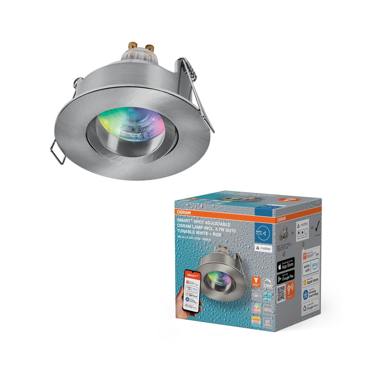 Lampa punktowa LED OSRAM SMART+ MATTER LED Spot Recess GU10 IP65 Adjustable 4.7W RGBW Satin Nickel - Poland LEDVANCE e - shop 4058075854437