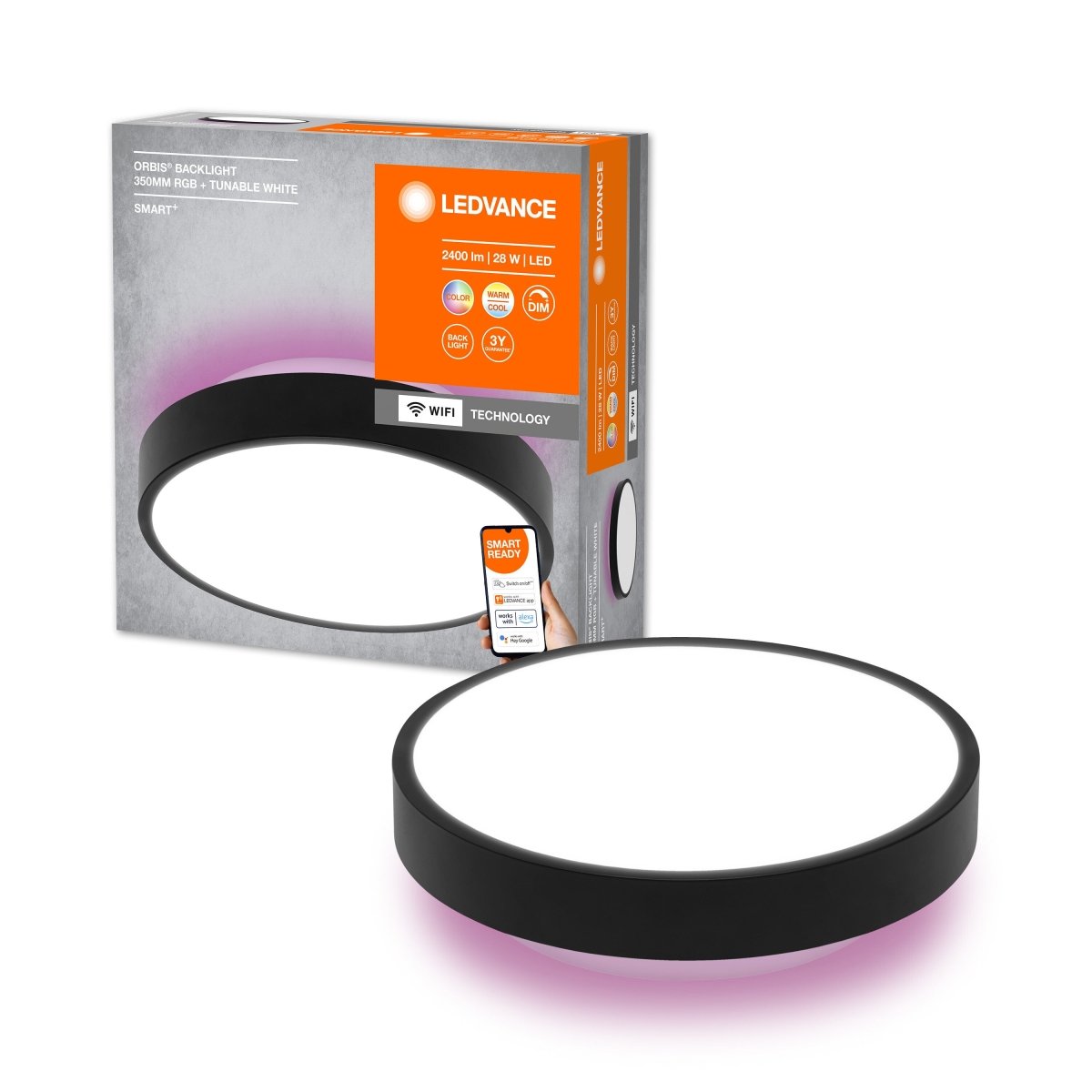 Lampa sufitowa LED WiFi ORBIS BACKLIGHT BLACK 28W, SMART, okrągła, RGB, regulowana biel, 350 mm - Poland LEDVANCE e-shop 4058075573574