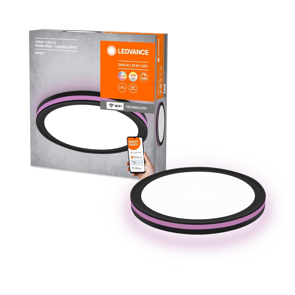Lampa sufitowa LED WiFi ORBIS CIRCLE BLACK 28W, SMART, okrągła, RGB, regulowana biel, 460x460 mm - Poland LEDVANCE e-shop 4058075573833