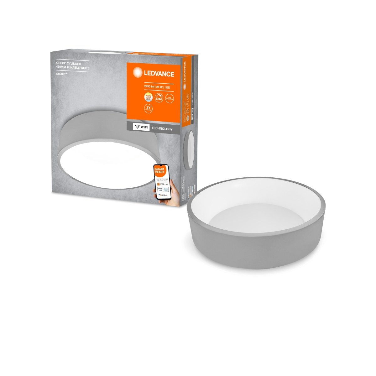 Lampa sufitowa LED WiFi ORBIS CYLINDER GREY 26W, SMART, okrągła, regulowana biel, 450 mm - Poland LEDVANCE e-shop 4058075486584