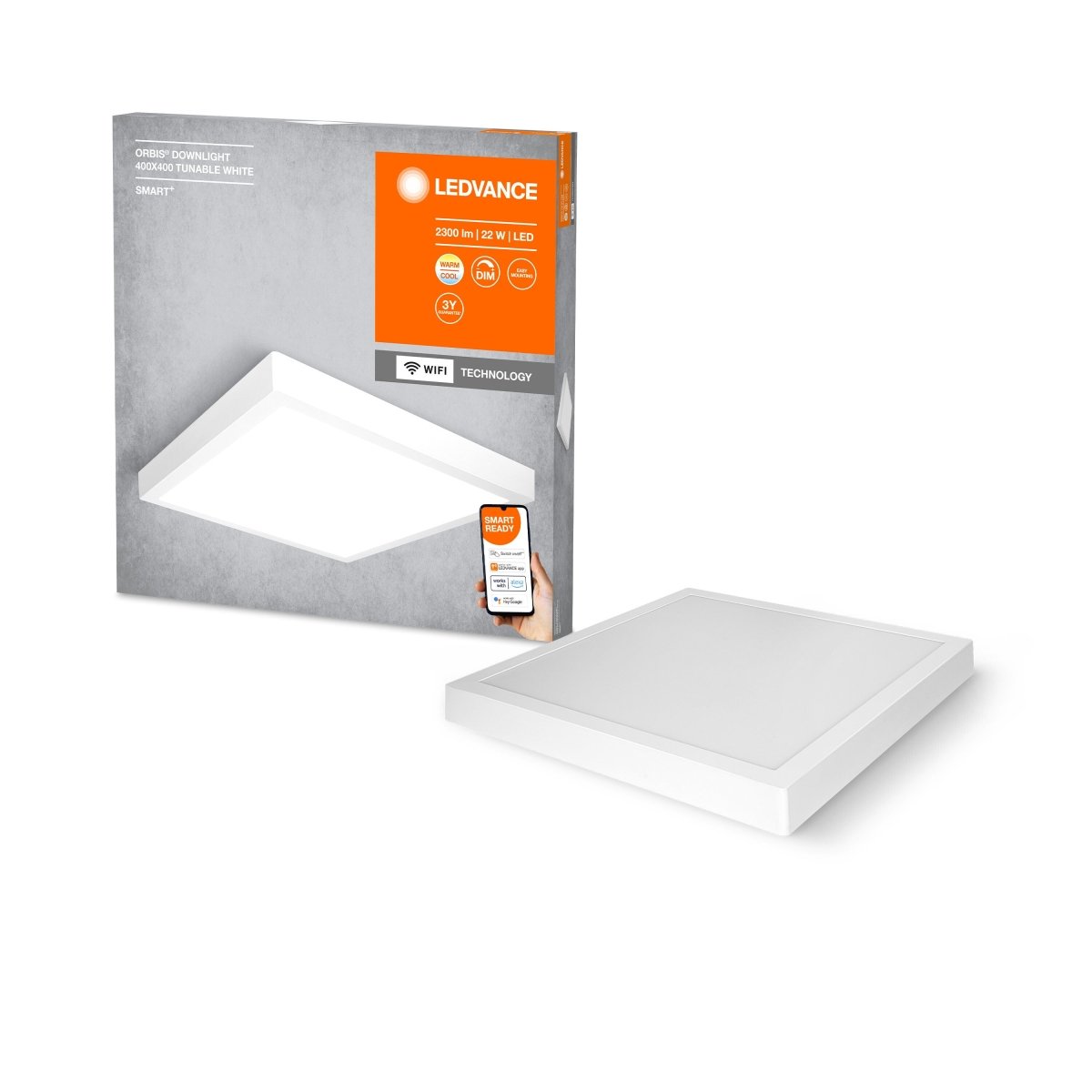 Lampa sufitowa LED WiFi ORBIS DOWNLIGHT SURFACE 22W, SMART, kwadratowa, ściemnialna, regulowana biel, kolor obudowy biały, 400x400 mm - Poland LEDVANCE e-shop 4058075572973