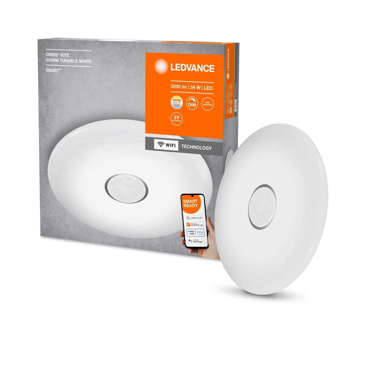 Lampa sufitowa LED WiFi ORBIS KITE WHITE TW 34W, SMART, okrągła, ściemnialna, regulowana biel, 510x510 mm - Poland LEDVANCE e-shop 4058075486348