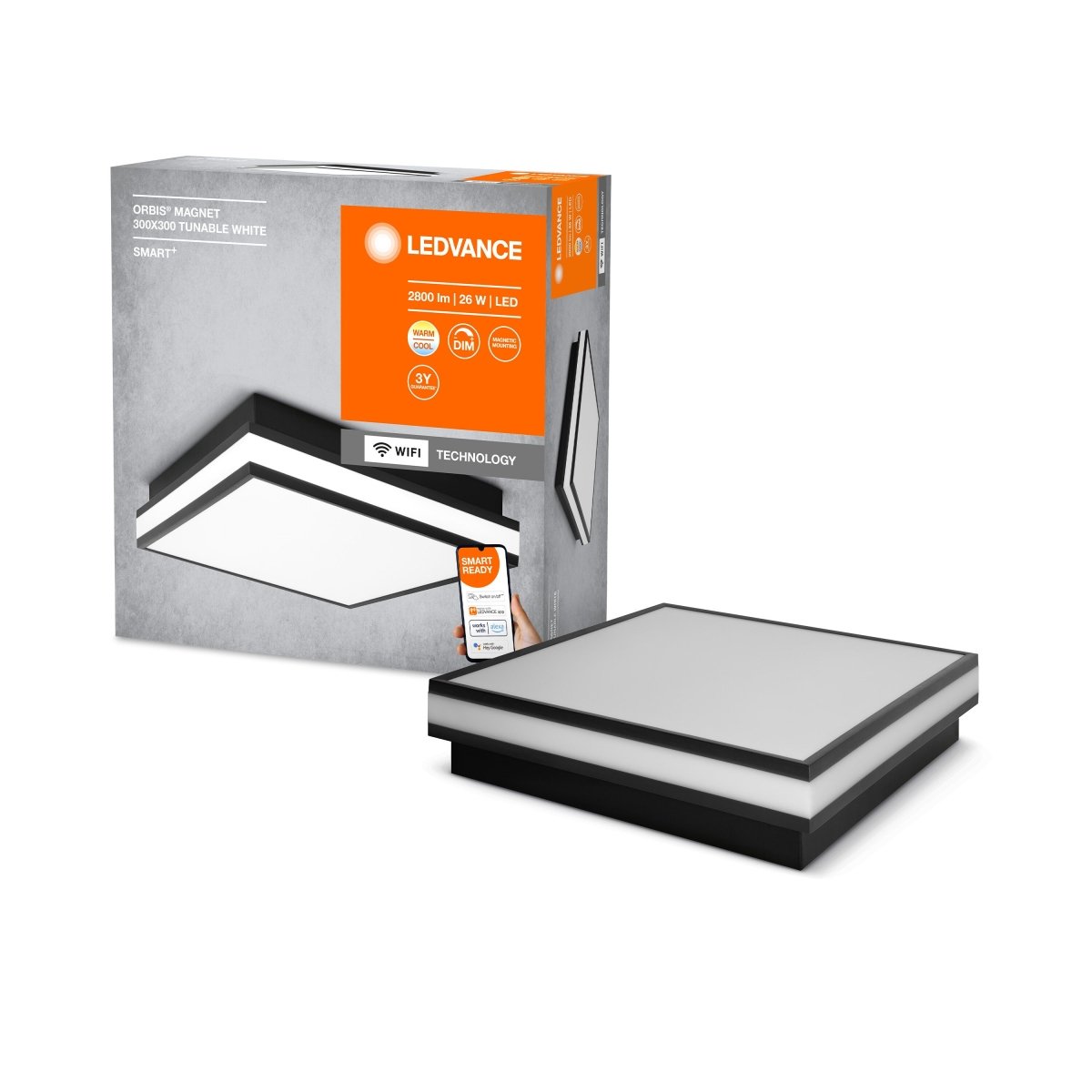 Lampa sufitowa LED WiFi ORBIS MAGNET BLACK 26W, SMART, kwadratowa, regulowana biel, 300x300 mm - Poland LEDVANCE e-shop 4058075572737