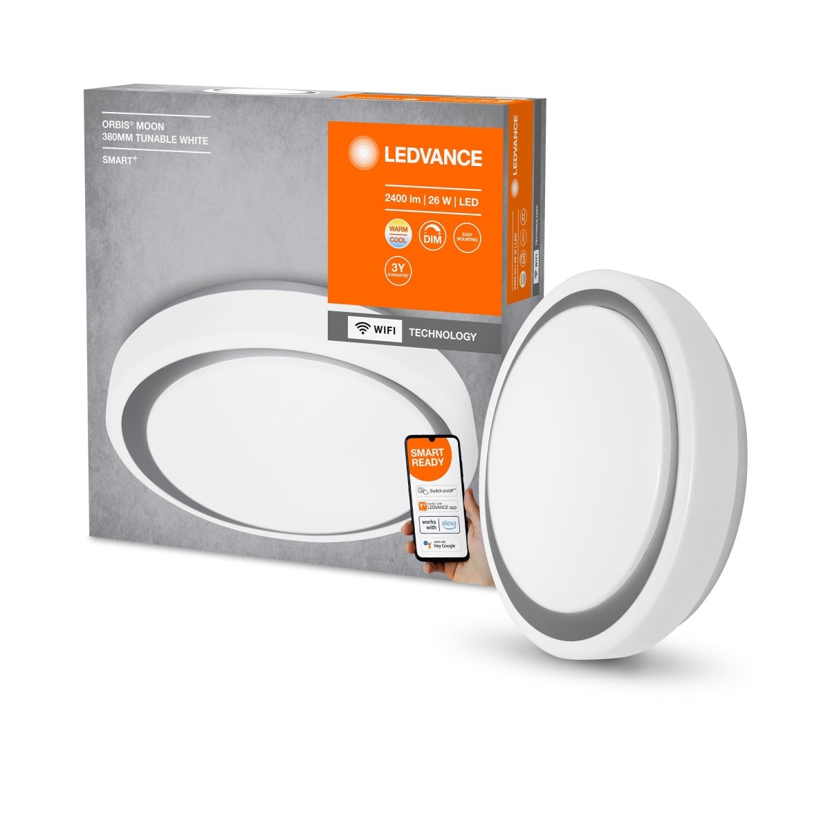 Lampa sufitowa LED WiFi ORBIS MOON GR 26W, SMART, okrągła, ściemnialna, regulowana biel, 380x380 mm - Poland LEDVANCE e-shop 4058075486409