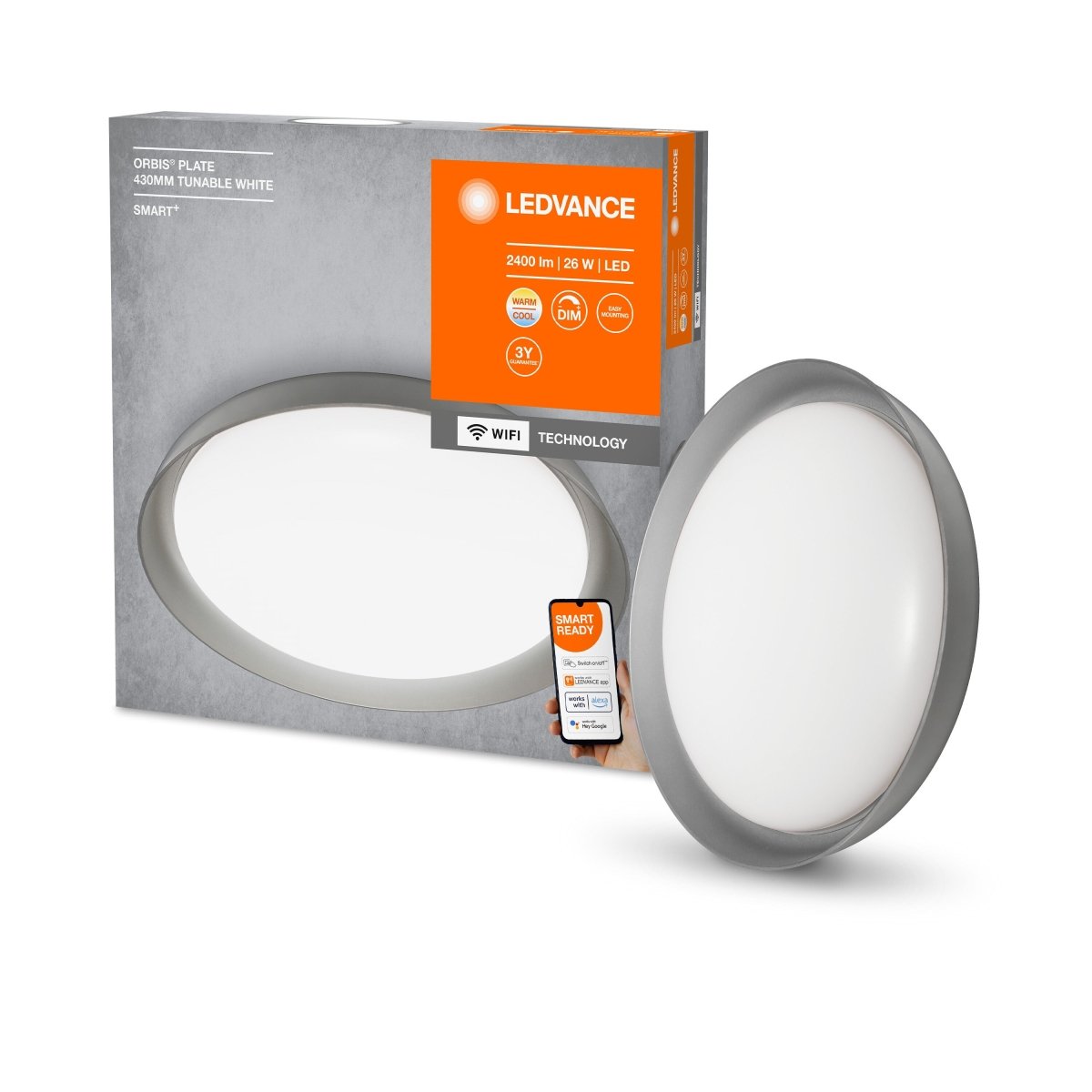 Lampa sufitowa LED WiFi ORBIS PLATE GREY 26W, SMART, okrągła, regulowana biel, 430 mm - Poland LEDVANCE e-shop 4058075486461