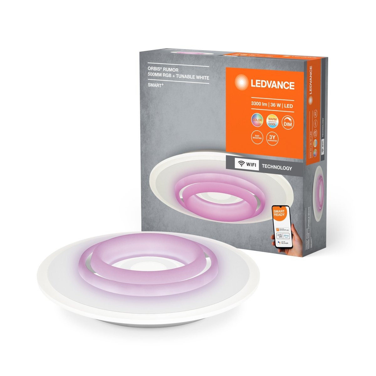 Lampa sufitowa LED WiFi ORBIS RUMOR 32W, SMART, okrągła, RGB, kolor obudowy biały, regulowana biel, 500x500 mm - Poland LEDVANCE e-shop 4058075573437