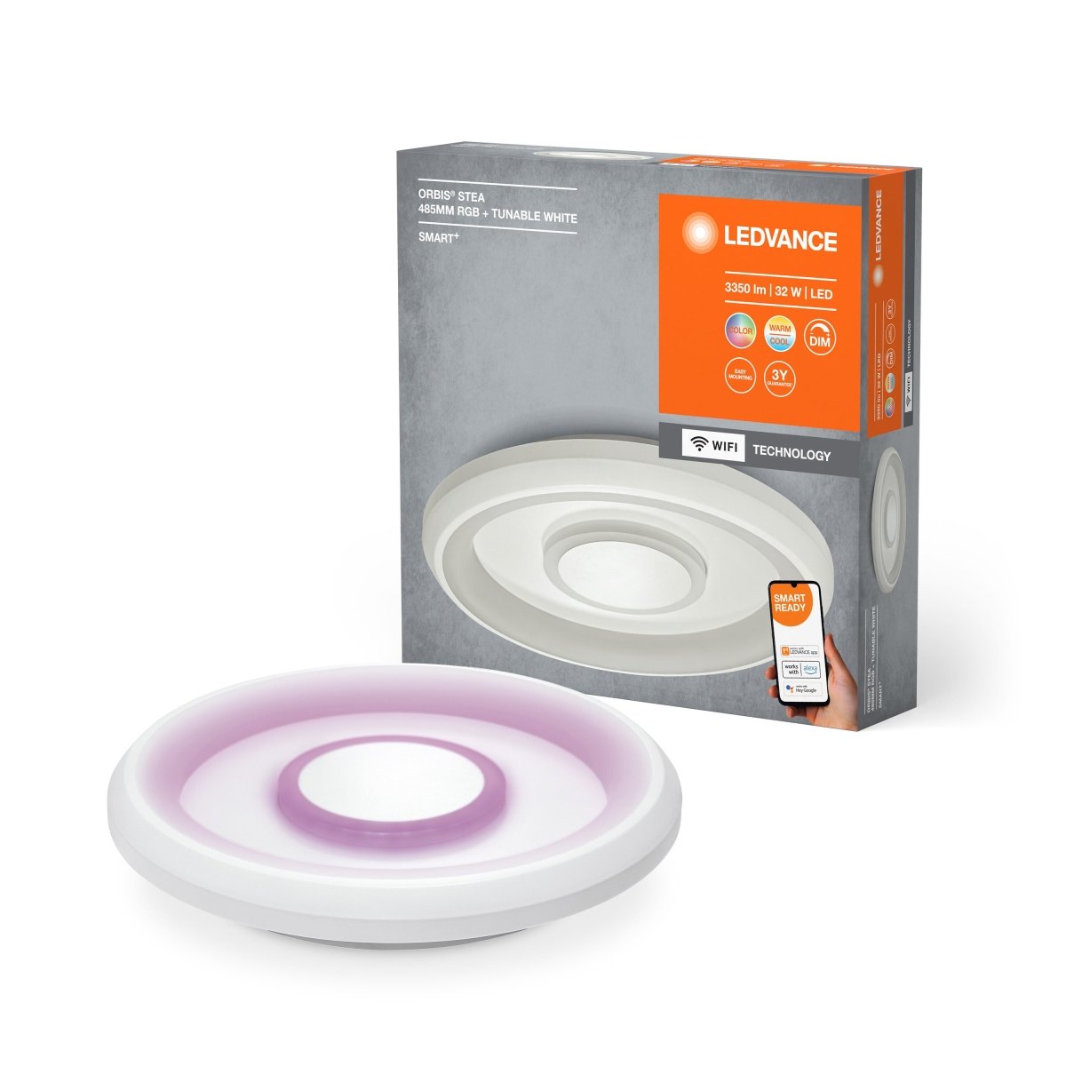 Lampa sufitowa LED WiFi ORBIS STEA 32W, SMART, okrągła, RGB, kolor obudowy biały, regulowana biel, 485x485 mm - Poland LEDVANCE e-shop 4058075573413