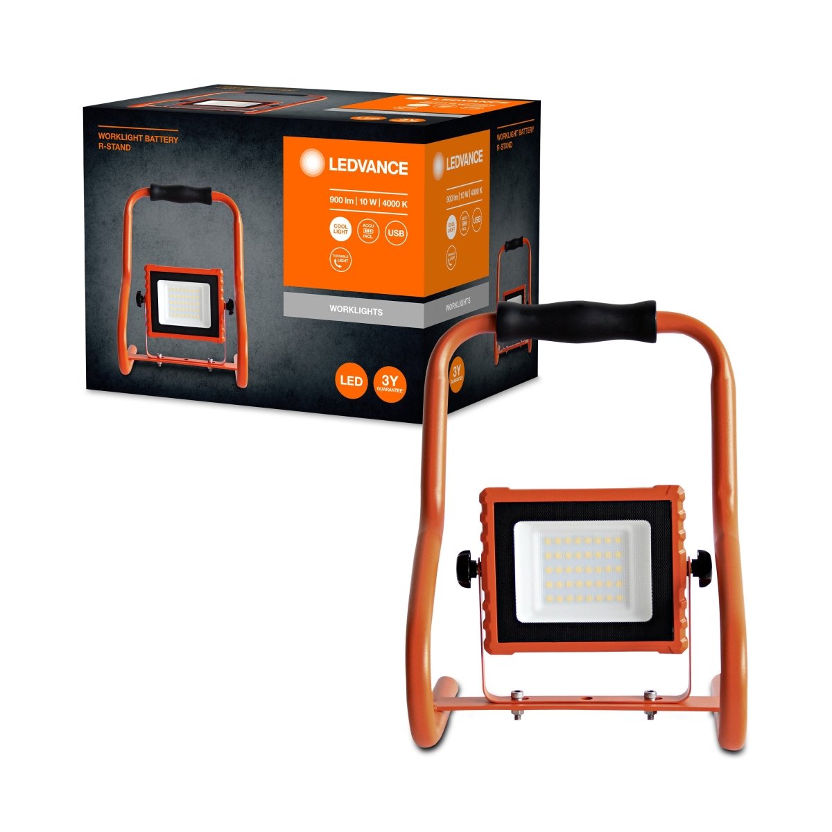 Naświetlacz LED WORKLIGHTS BATTERY STAND 10W, przenośny, zasilanie bateryjne, ładowanie USB, barwa neutralna - Poland LEDVANCE e-shop 4058075576476