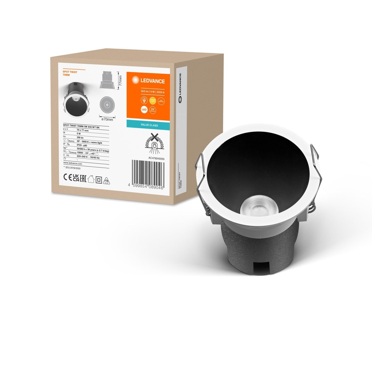 OSRAM LED SPOT RECESS TWIST PRO 70mm 5W 3000K biały/czarny - eshop Ledvance PL 4099854089046