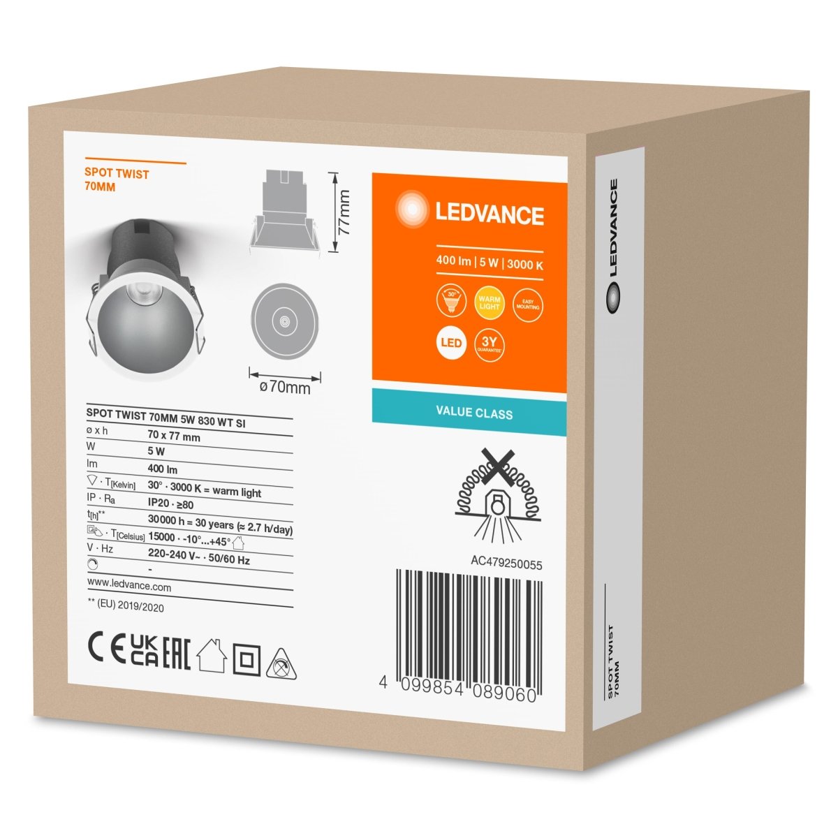 OSRAM LED SPOT RECESS TWIST PRO 70mm 5W 3000K biały/srebrny - eshop Ledvance PL 4099854089060