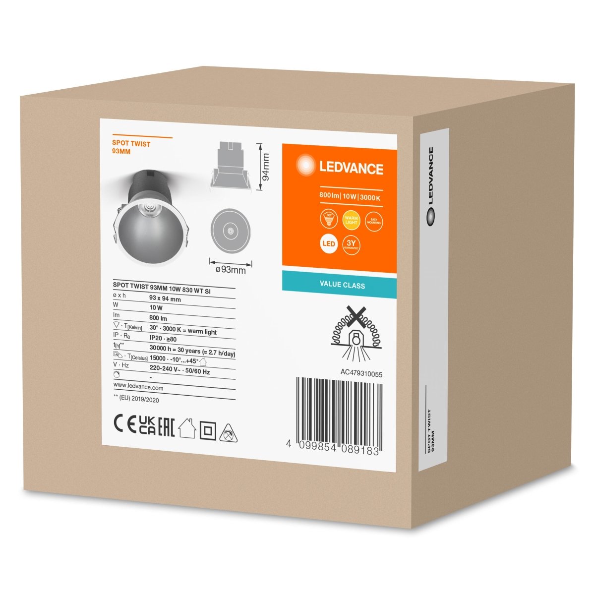 OSRAM LED SPOT RECESS TWIST PRO 93mm 10W 3000K biały/srebrny - eshop Ledvance PL 4099854089183
