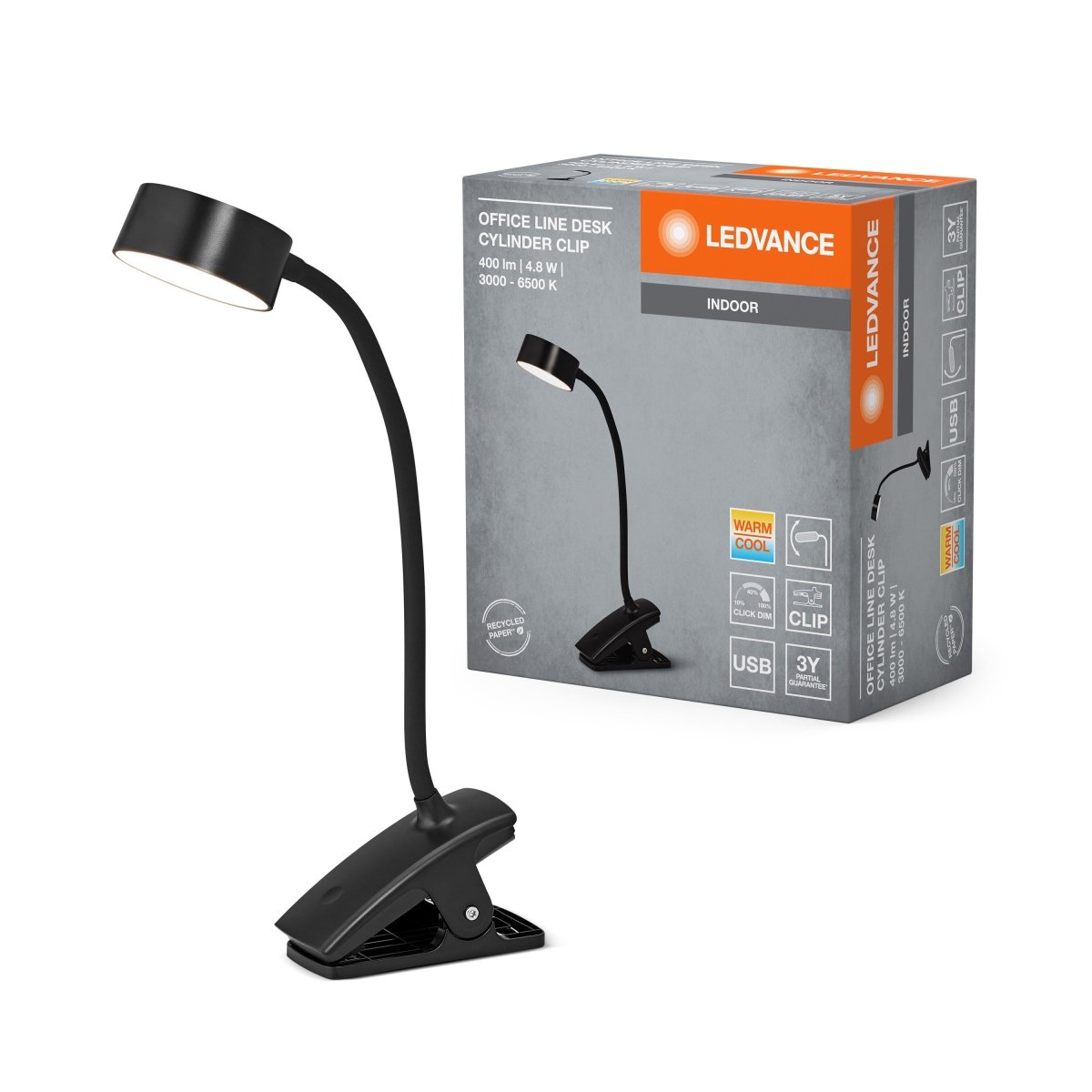 OSRAM Office Line Desk Cylinder Clip 4.8W TW, czarny - eshop Ledvance PL 4099854388460