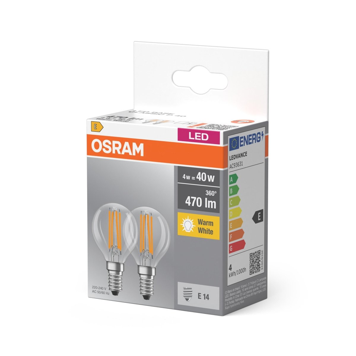 Żarówka LED E14 4W BASE 2 szt. kulka, Fil, barwa ciepła - Poland LEDVANCE e-shop 4058075803954