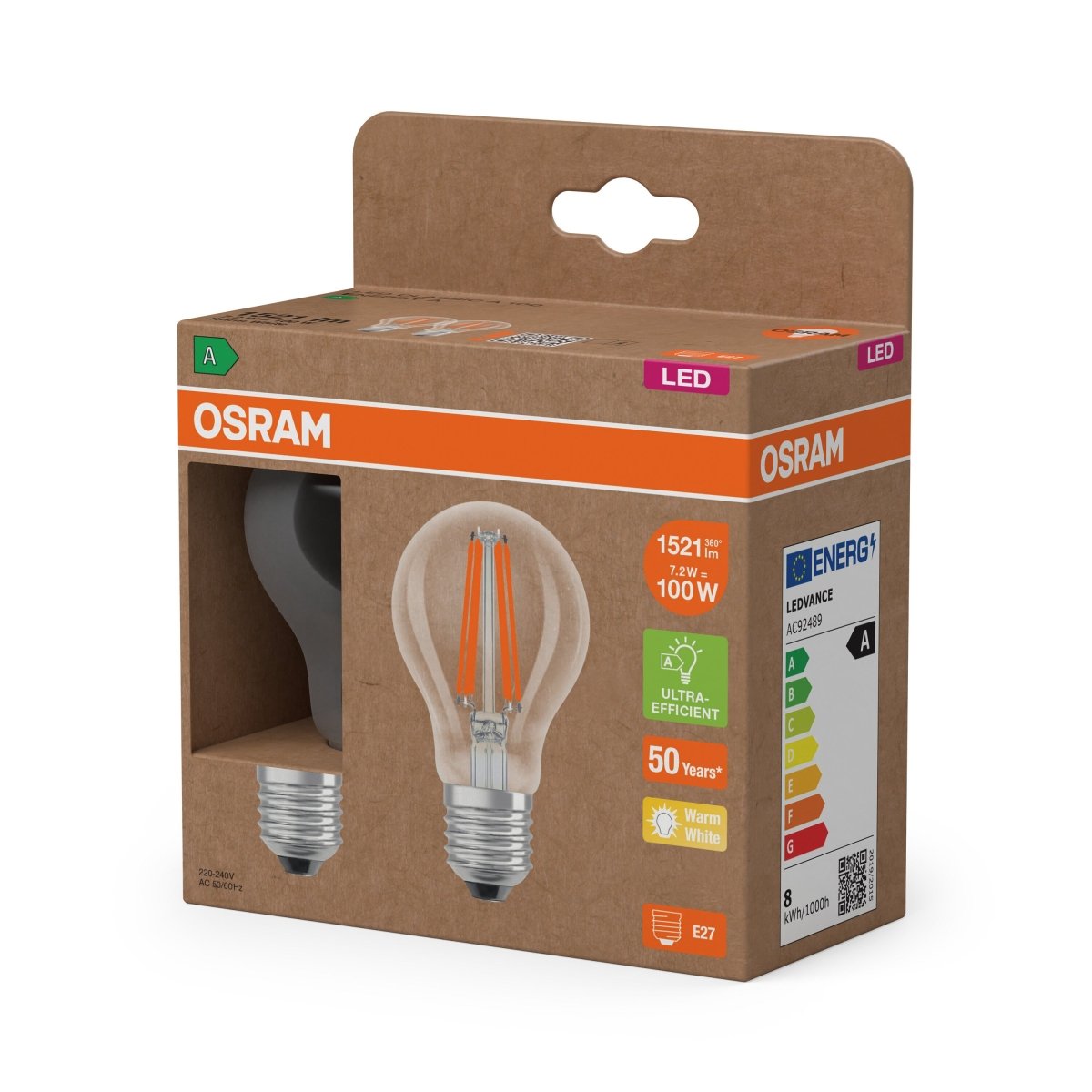 Żarówka LED OSRAM LED Classic A 100 Filament Energy efficiency class A 7.2W 827 Clear E27 - Poland LEDVANCE e - shop 4099854253706