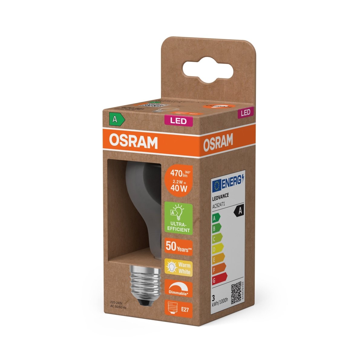 Żarówka LED OSRAM LED Classic A 40 Filament DIM Energy efficiency class A 2.2W 827 Clear E27 - Poland LEDVANCE e - shop 4099854265402