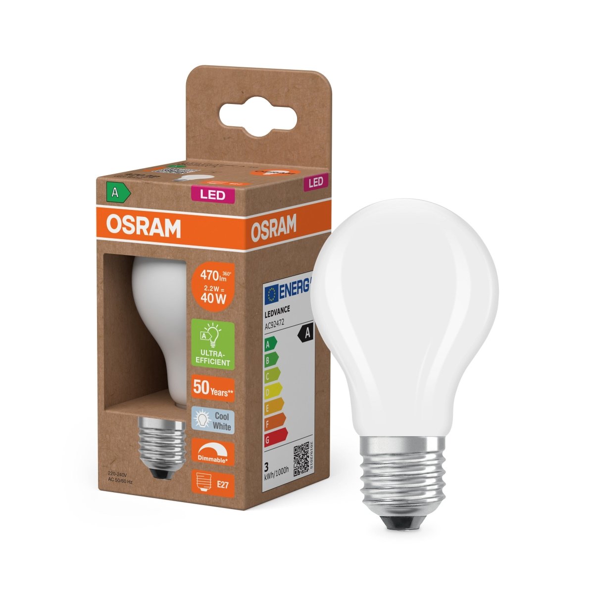 Żarówka LED OSRAM LED Classic A 40 Filament DIM Energy efficiency class A 2.2W 840 Frosted E27 - Poland LEDVANCE e - shop 4099854265426