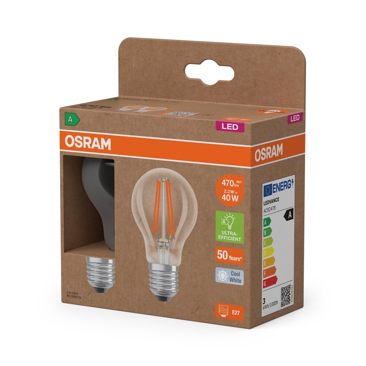 Żarówka LED OSRAM LED Classic A 40 Filament Energy efficiency class A 2.2W 840 Clear E27 - Poland LEDVANCE e - shop 4099854259715
