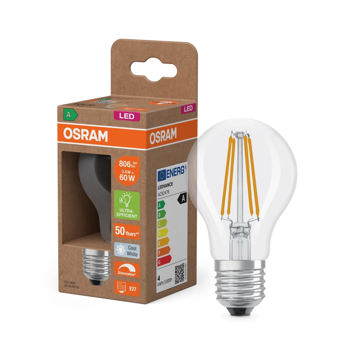 Żarówka LED OSRAM LED Classic A 60 Filament DIM Energy efficiency class A 3.8W 840 Clear E27 - Poland LEDVANCE e - shop 4099854265525