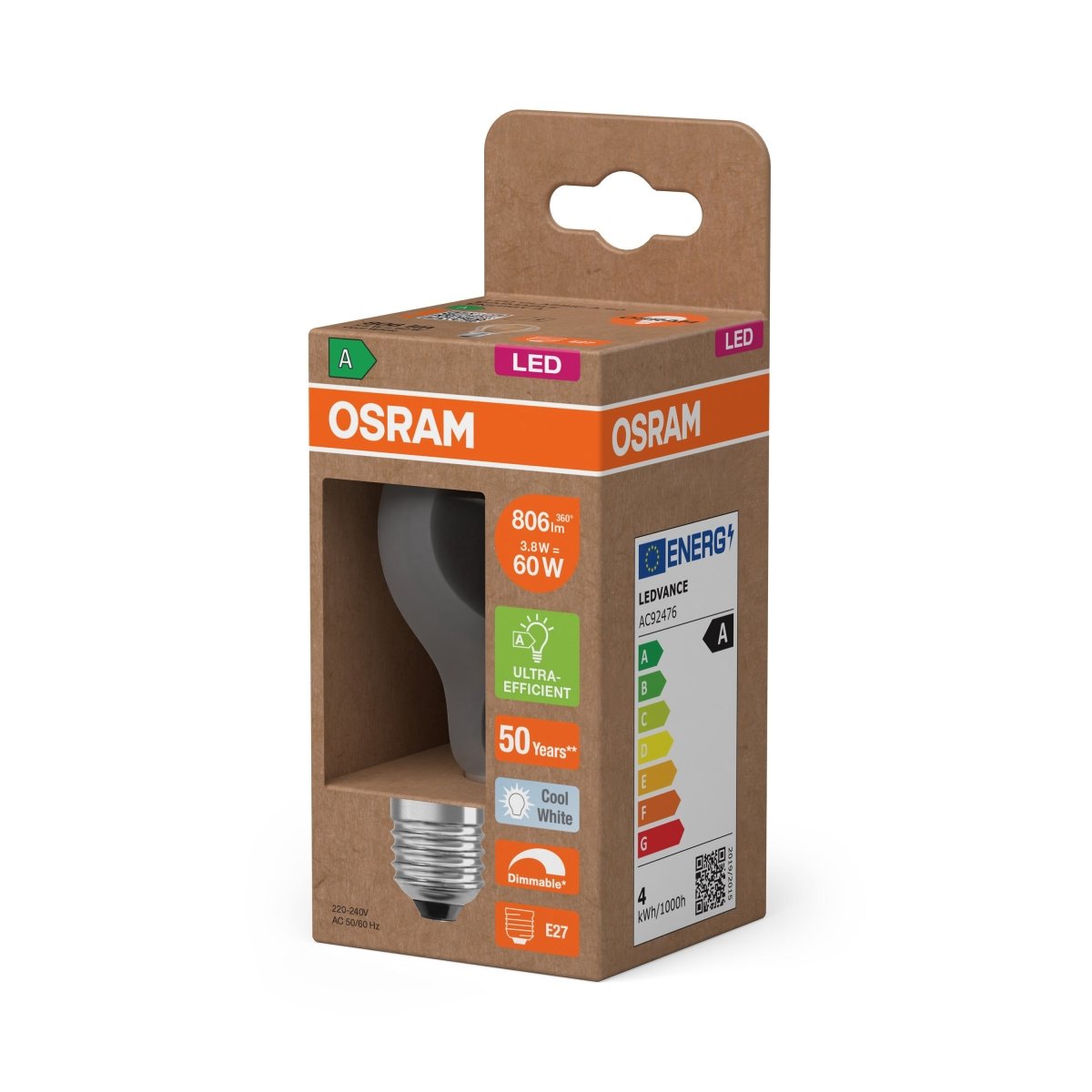 Żarówka LED OSRAM LED Classic A 60 Filament DIM Energy efficiency class A 3.8W 840 Clear E27 - Poland LEDVANCE e - shop 4099854265525