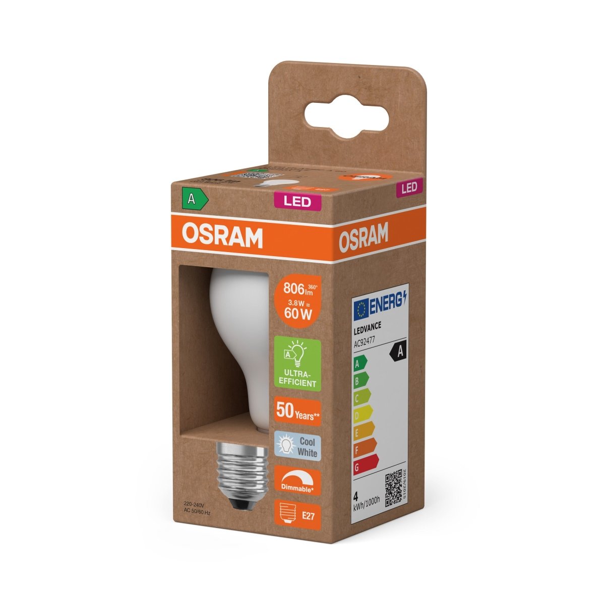 Żarówka LED OSRAM LED Classic A 60 Filament DIM Energy efficiency class A 3.8W 840 Frosted E27 - Poland LEDVANCE e - shop 4099854265549