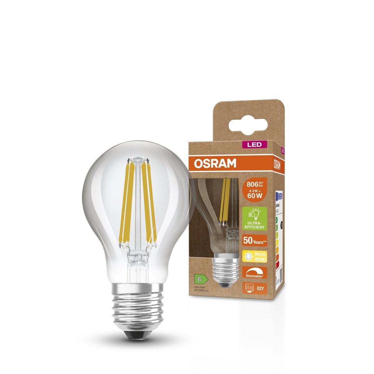 Żarówka LED OSRAM LED Classic A 60 Filament DIM Energy efficiency class B 4.3W 827 Clear E27 - Poland LEDVANCE e - shop 4099854067112