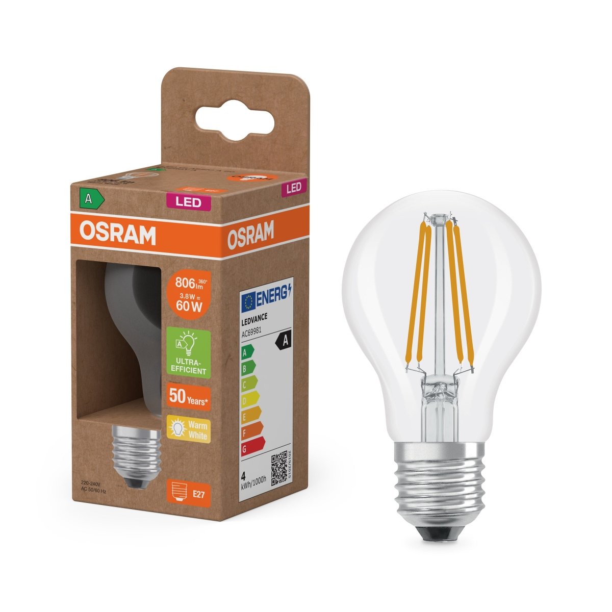 Żarówka LED OSRAM LED Classic A 60 Filament Energy efficiency class A 3.8W 827 Clear E27 - Poland LEDVANCE e - shop 4099854236754