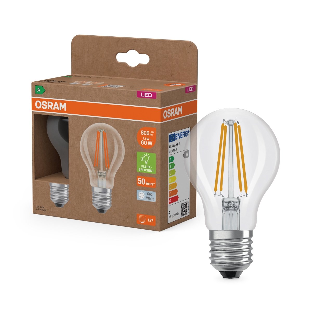 Żarówka LED OSRAM LED Classic A 60 Filament Energy efficiency class A 3.8W 840 Clear E27 - Poland LEDVANCE e - shop 4099854259753