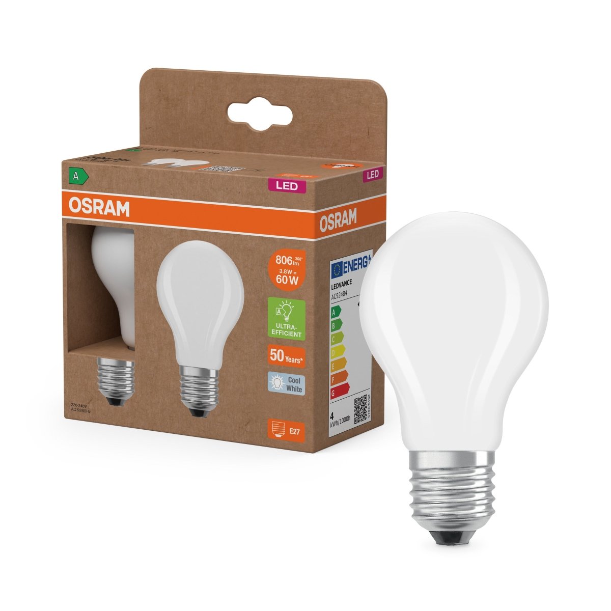 Żarówka LED OSRAM LED Classic A 60 Filament Energy efficiency class A 3.8W 840 Frosted E27 - Poland LEDVANCE e - shop 4099854259777