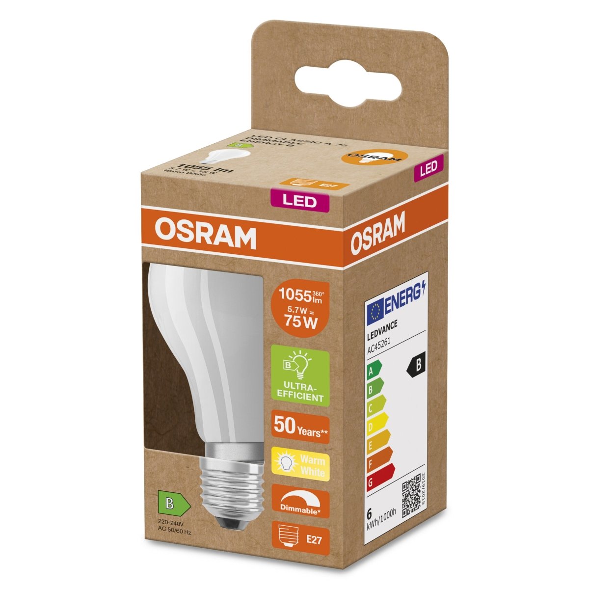 Żarówka LED OSRAM LED Classic A 75 DIM Energy efficiency class B 5.7W 827 Frosted E27 - Poland LEDVANCE e - shop 4099854065637