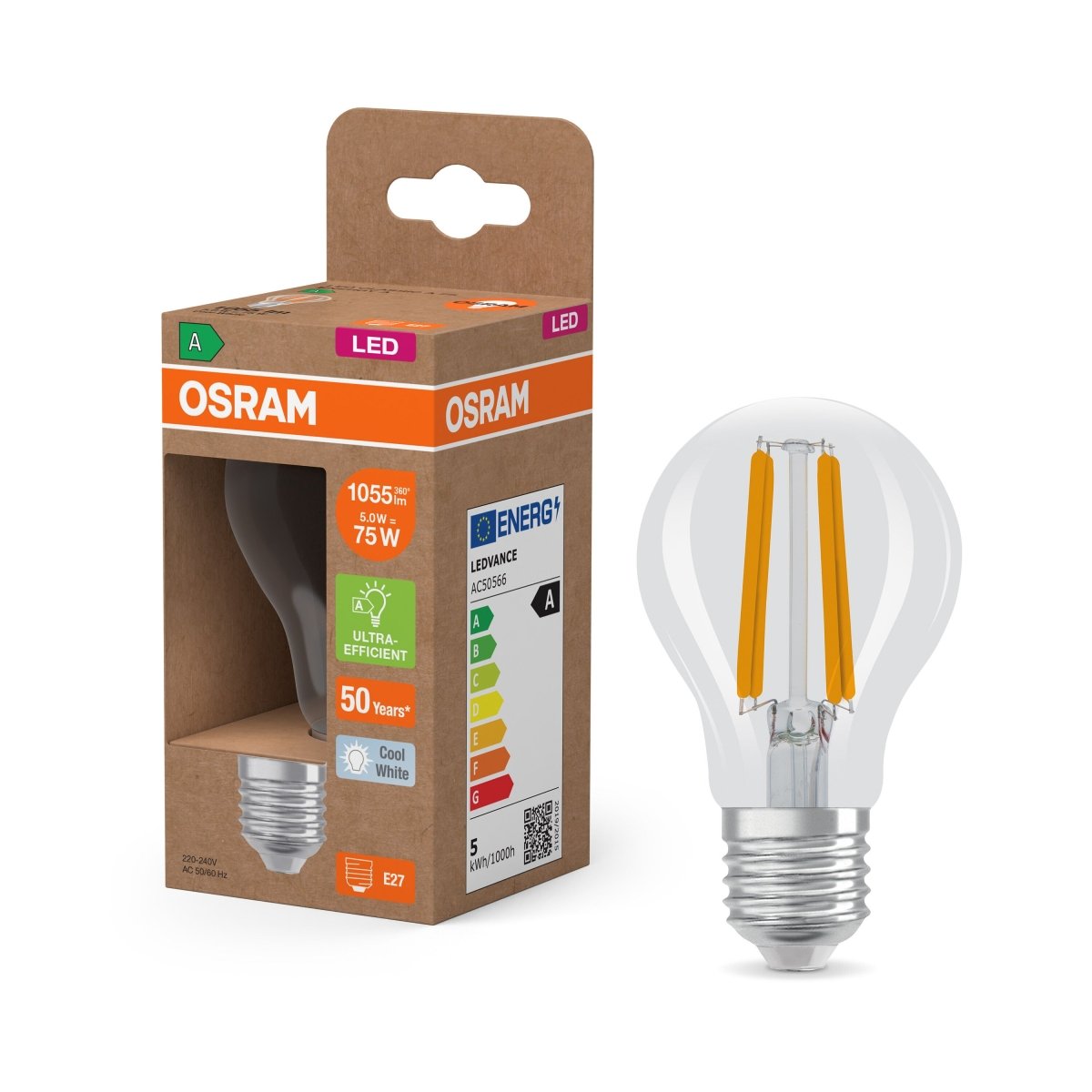 Żarówka LED OSRAM LED Classic A 75 Filament Energy efficiency class A 5W 840 Clear E27 neutralna - Poland LEDVANCE e - shop 4099854115479