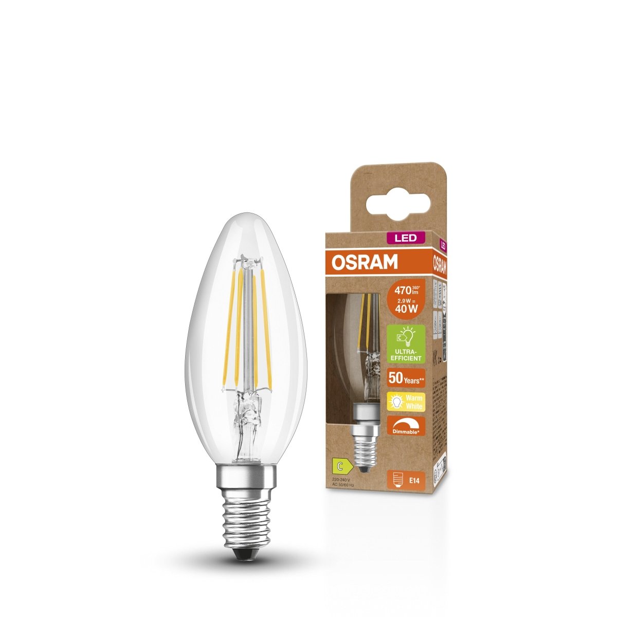 Żarówka LED OSRAM LED Classic B 40 Filament DIM Energy efficiency class C 2.9W 827 Clear E14 - Poland LEDVANCE e - shop 4099854065989