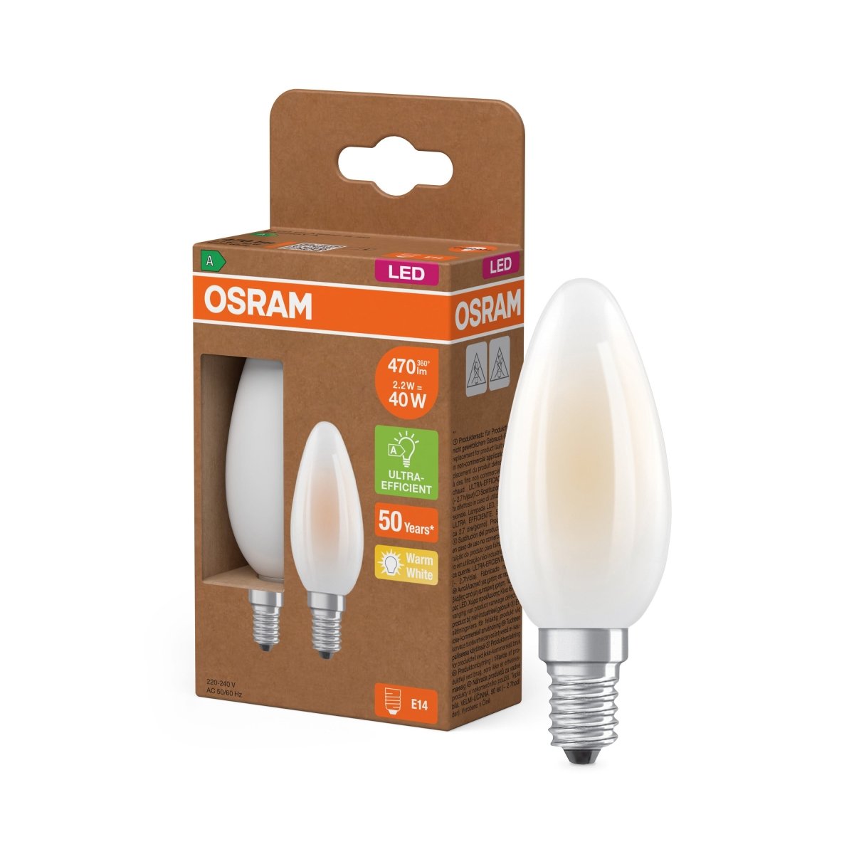 Żarówka LED OSRAM LED Classic B 40 Filament Energy efficiency class A 2.2W 827 Frosted E14 - Poland LEDVANCE e - shop 4099854253805