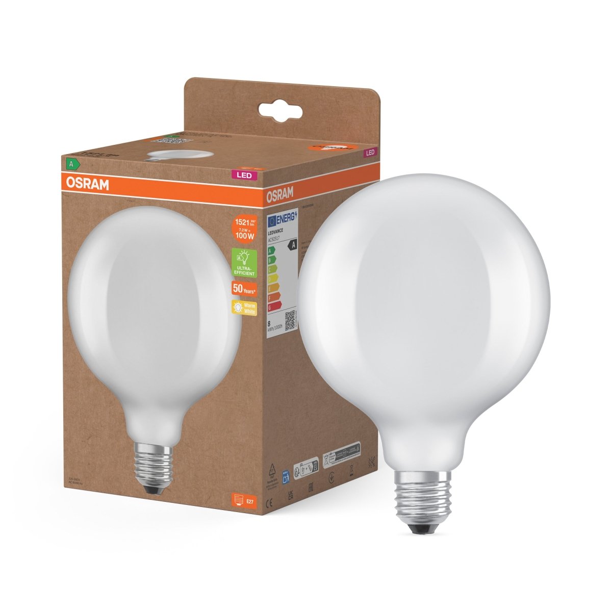 Żarówka LED OSRAM LED Classic Globe 125 100 Filament Energy efficiency class A 7.2W 827 Frosted E27 - Poland LEDVANCE e - shop 4058075839649