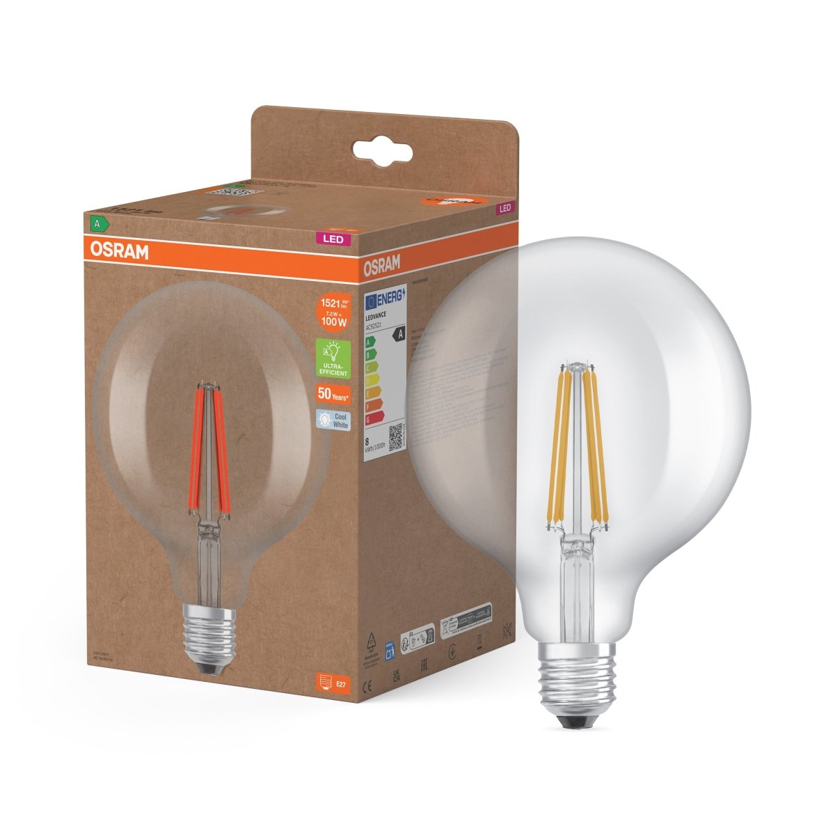 Żarówka LED OSRAM LED Classic Globe 125 100 Filament Energy efficiency class A 7.2W 840 Clear E27 - Poland LEDVANCE e - shop 4058075839625