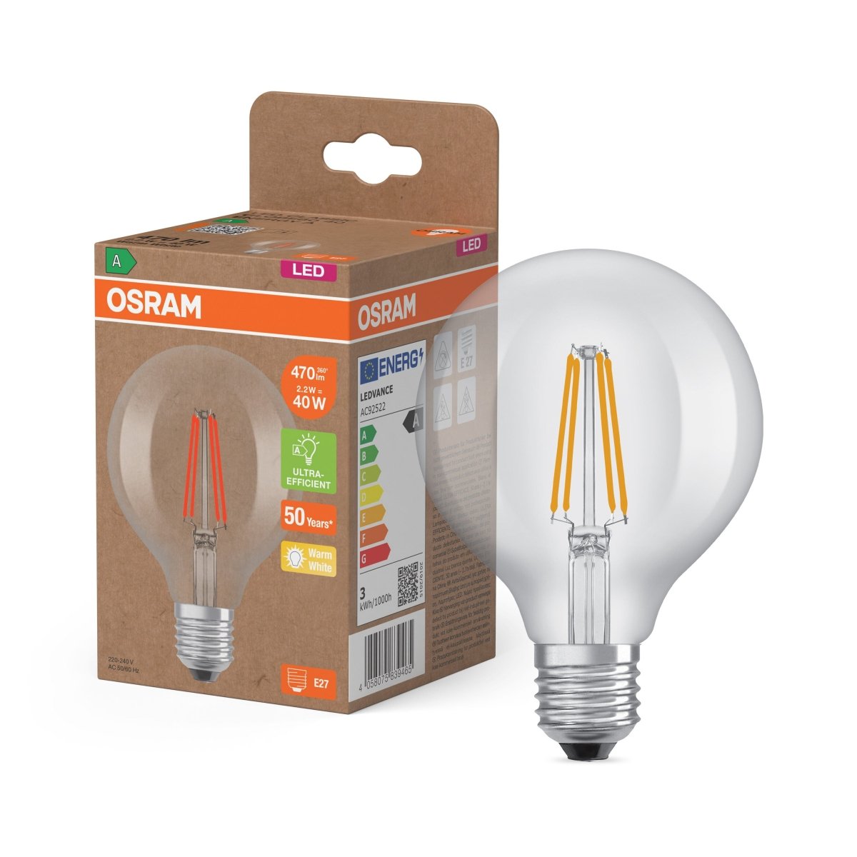 Żarówka LED OSRAM LED Classic Globe 80 40 Filament Energy efficiency class A 2.2W 827 Clear E27 - Poland LEDVANCE e - shop 4058075839465