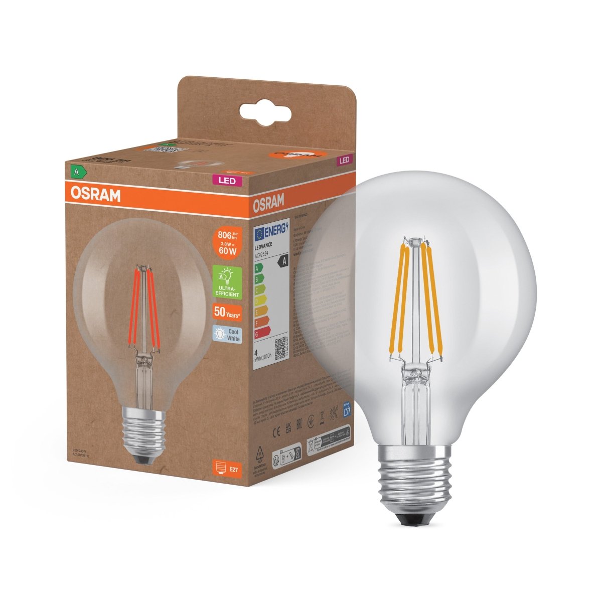 Żarówka LED OSRAM LED Classic Globe 95 60 Filament Energy efficiency class A 3.8W 840 Clear E27 - Poland LEDVANCE e - shop 4099854246333