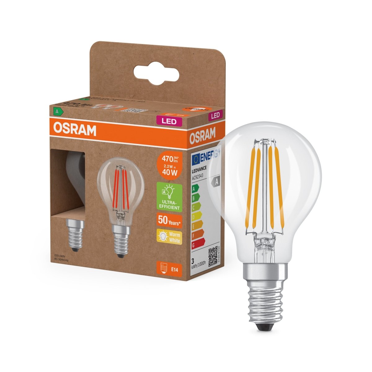 Żarówka LED OSRAM LED Classic P 40 Filament Energy efficiency class A 2.2W 827 Clear E14 - Poland LEDVANCE e - shop 4099854255496