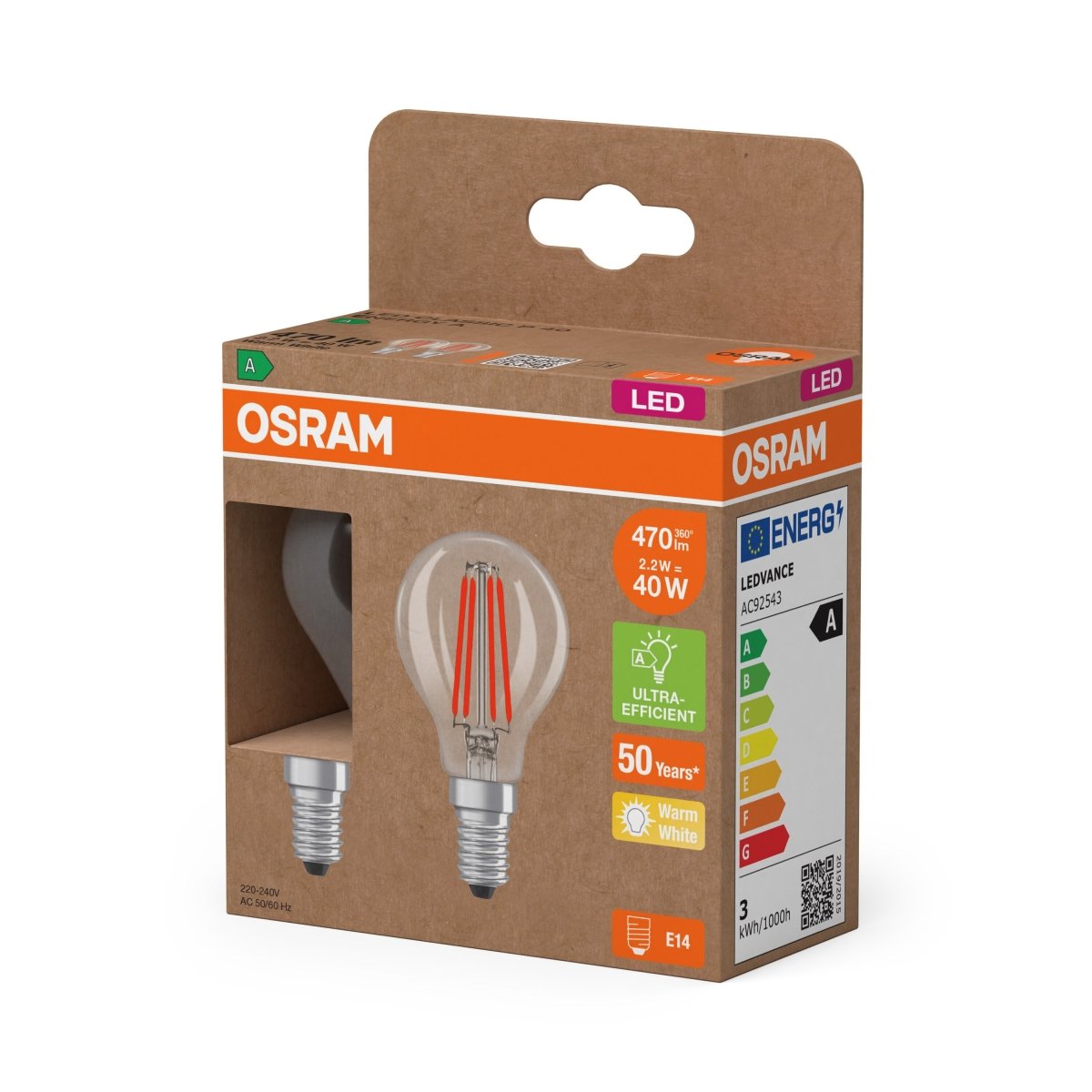 Żarówka LED OSRAM LED Classic P 40 Filament Energy efficiency class A 2.2W 827 Clear E14 - Poland LEDVANCE e - shop 4099854255496