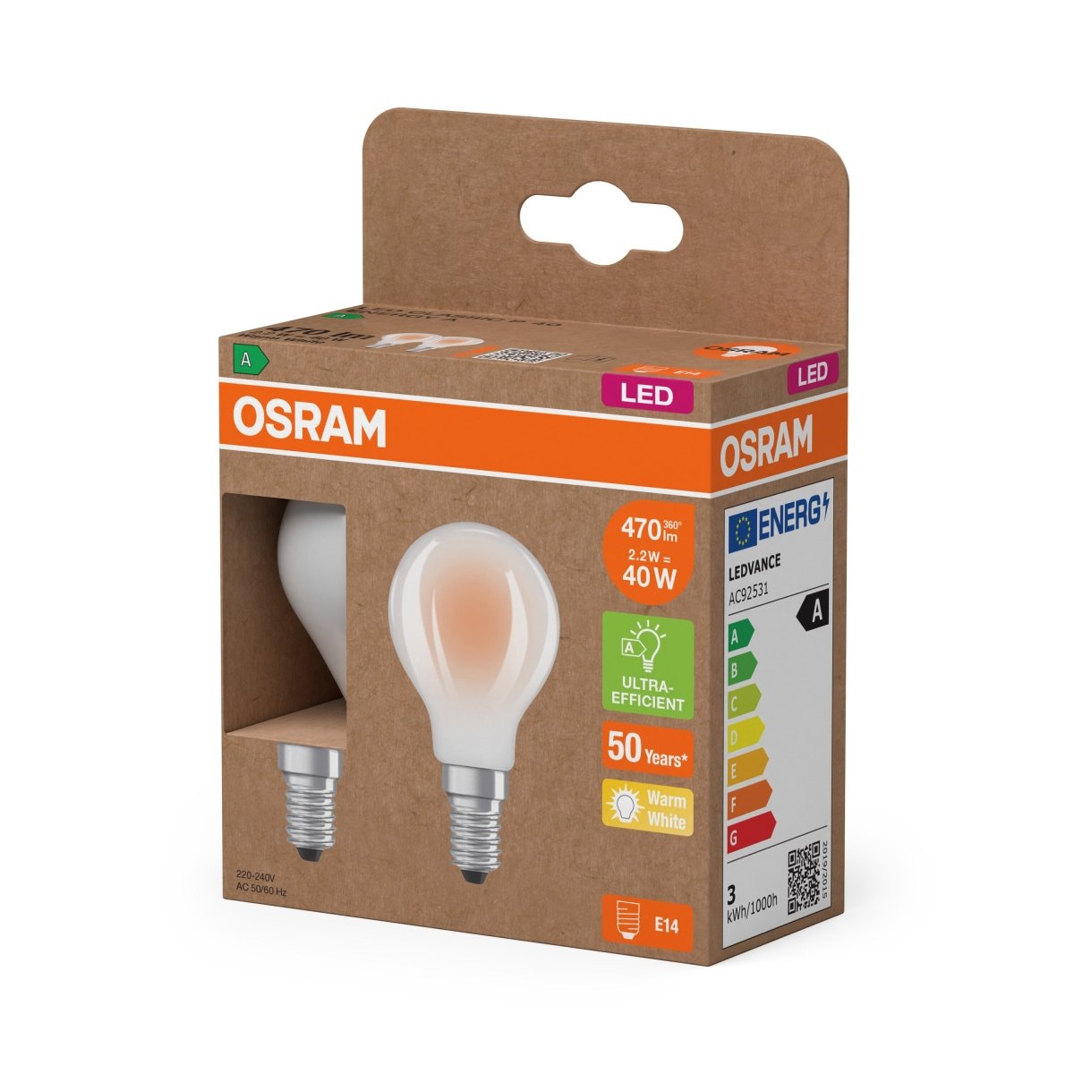 Żarówka LED OSRAM LED Classic P 40 Filament Energy efficiency class A 2.2W 827 Frosted E14 - Poland LEDVANCE e - shop 4099854253829