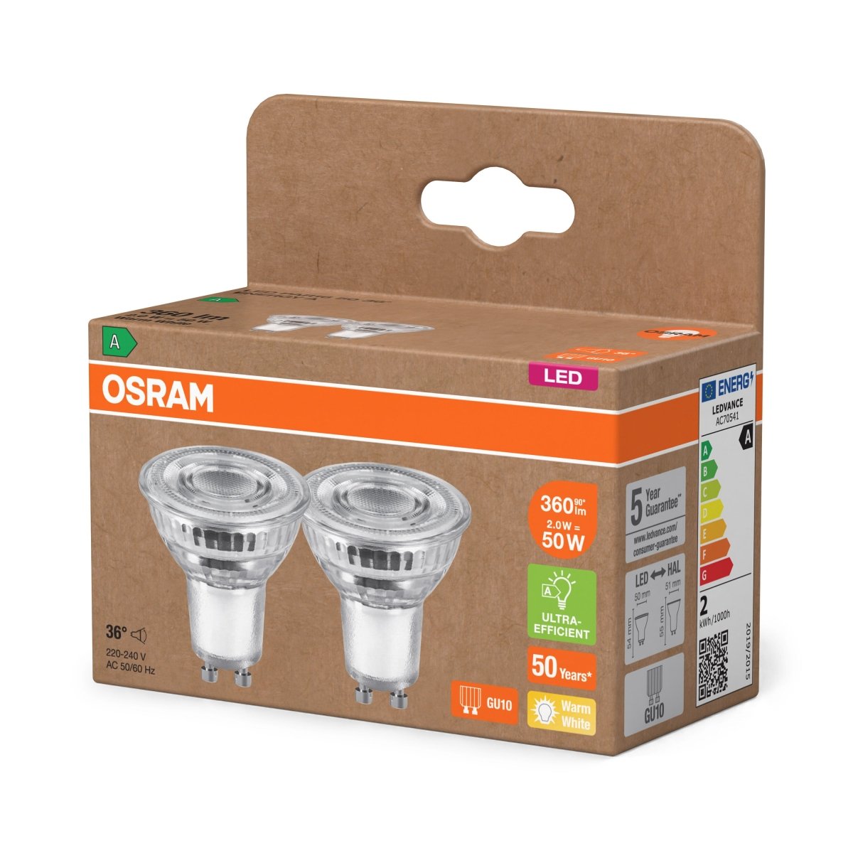 Żarówka LED OSRAM LED PAR16 50 36° Energy efficiency class A 2W 827 GU10 - Poland LEDVANCE e - shop 4099854245299