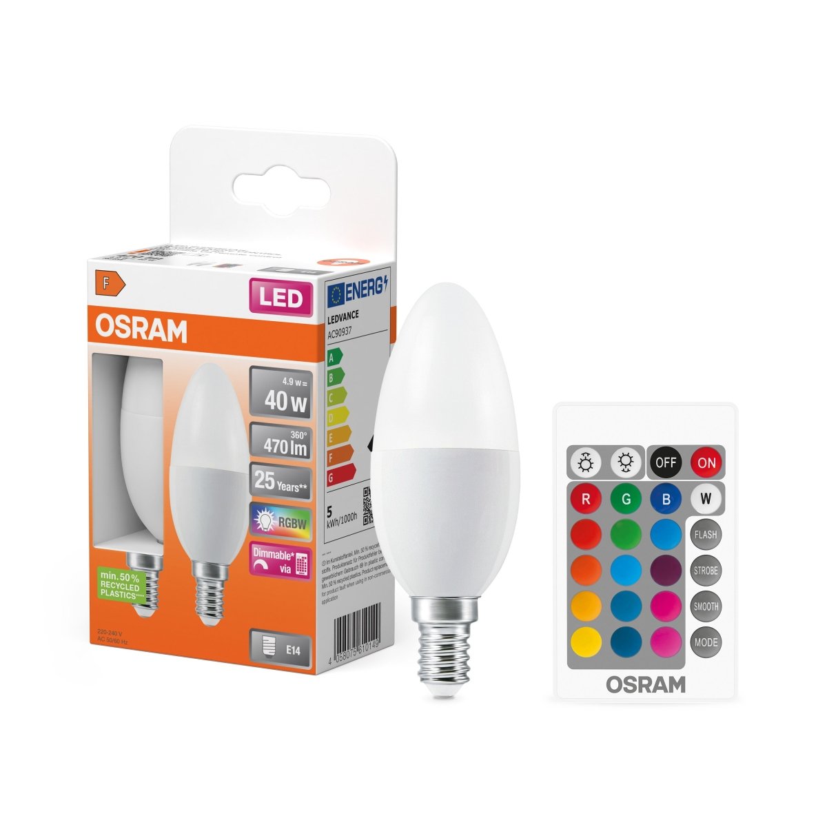 Żarówka LED OSRAM LED Superstar Classic B 40 RGBW Remote Control 4.9W 827 Frosted E14 - Poland LEDVANCE e - shop 4058075610149